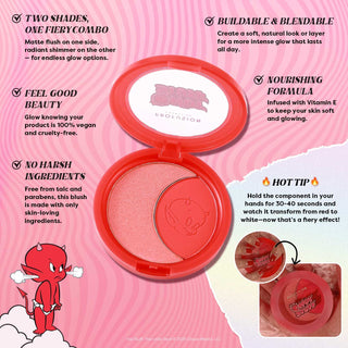 Profusion Cosmetics' "Hot Stuff" blush is showcased in a vibrant red compact, highlighting its formulation free from parabens, talc, BHA, mineral oil, petrolatum, paraffin, phthalates, sulfate, SLS, triclosan, aluminum, gluten, and synthetic fragrances.