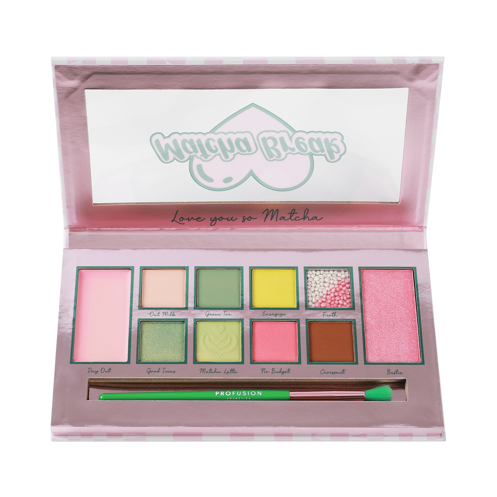 Open Profusion Cosmetics "Love You So Matcha" eyeshadow palette featuring a mix of pink, green, yellow, and neutral shades with a matching brush.