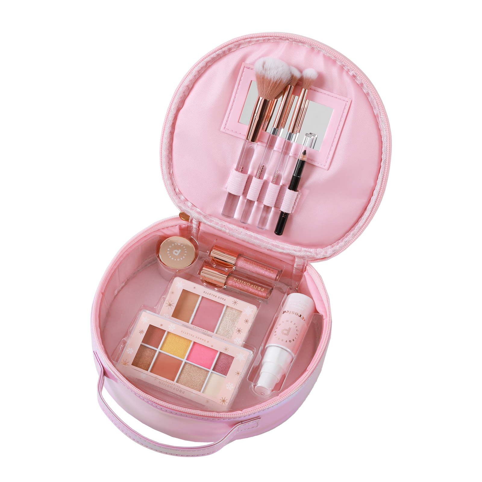 open cosmetic makeup bag case with makeup brushes, eyeliner, eyeshadow palettes, lip gloss, face mist, lip mask