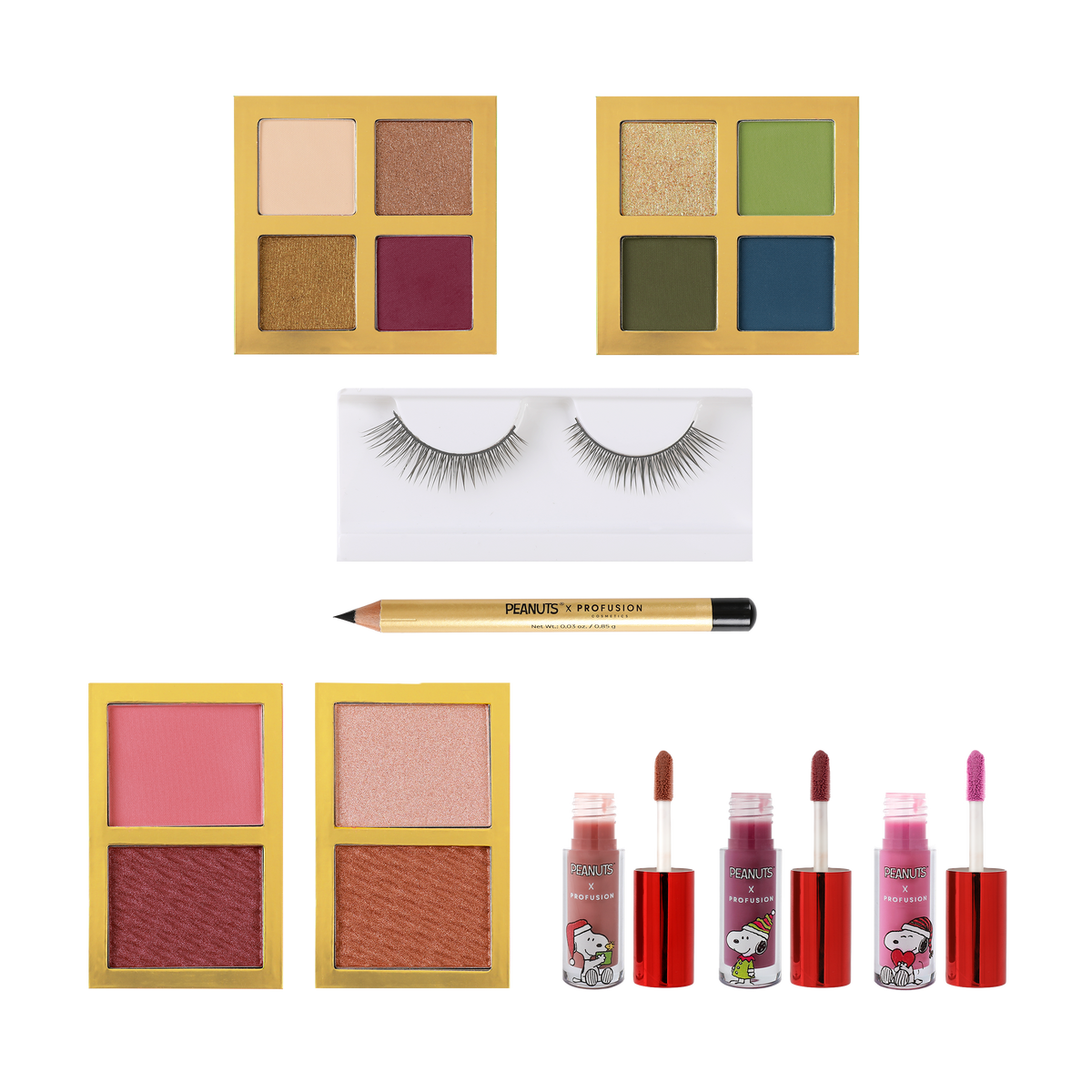 Eyeshadow palettes, fake eyelashes, eyeliner, lip gloss, face highlighter and face blush