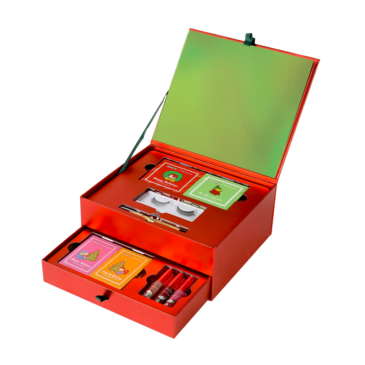 Vanity Box with Eyeshadow palettes, fake eyelashes, eyeliner, lip gloss, face highlighter and face blush