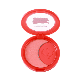 Open red compact with two shades of blush, featuring an embossed cartoon character.