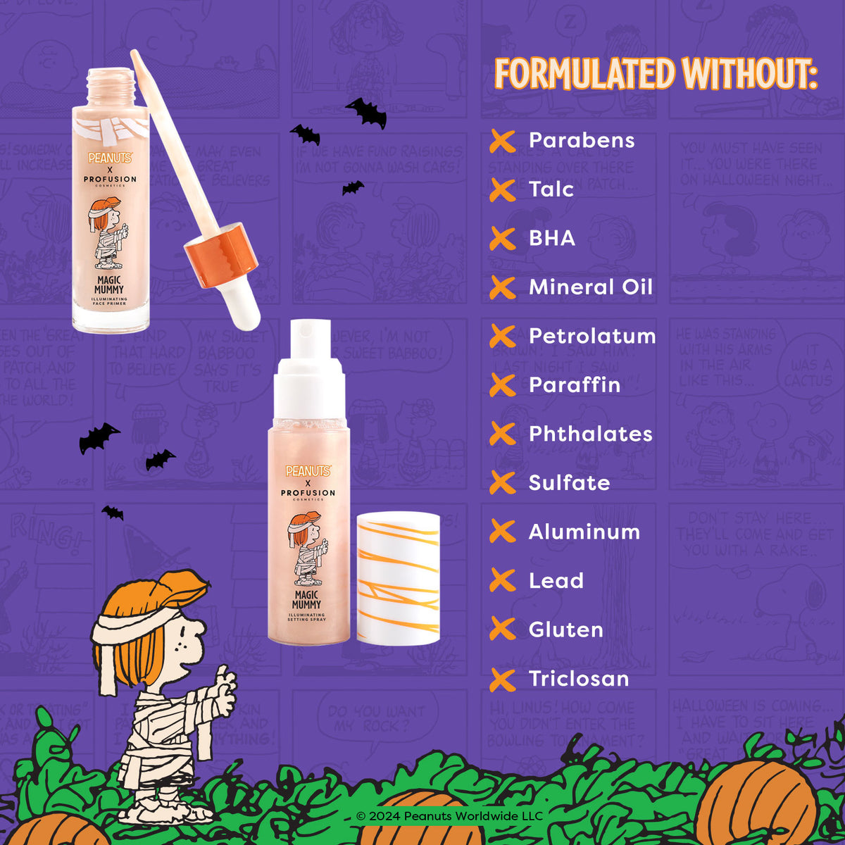 peanuts halloween face primer, eyeshadow primer and setting spray, setting mist