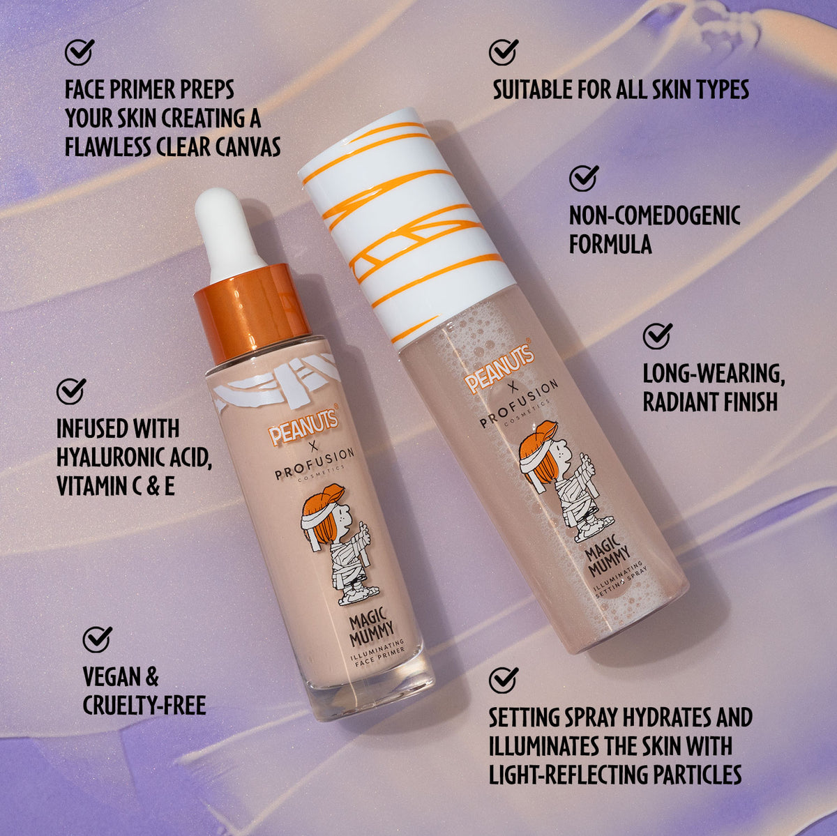 peanuts halloween face primer, eyeshadow primer and setting spray, setting mist