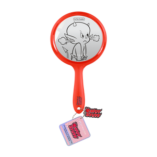 Red handheld mirror featuring a cartoon devil design from Profusion Cosmetics' "Hot Stuff" collection.