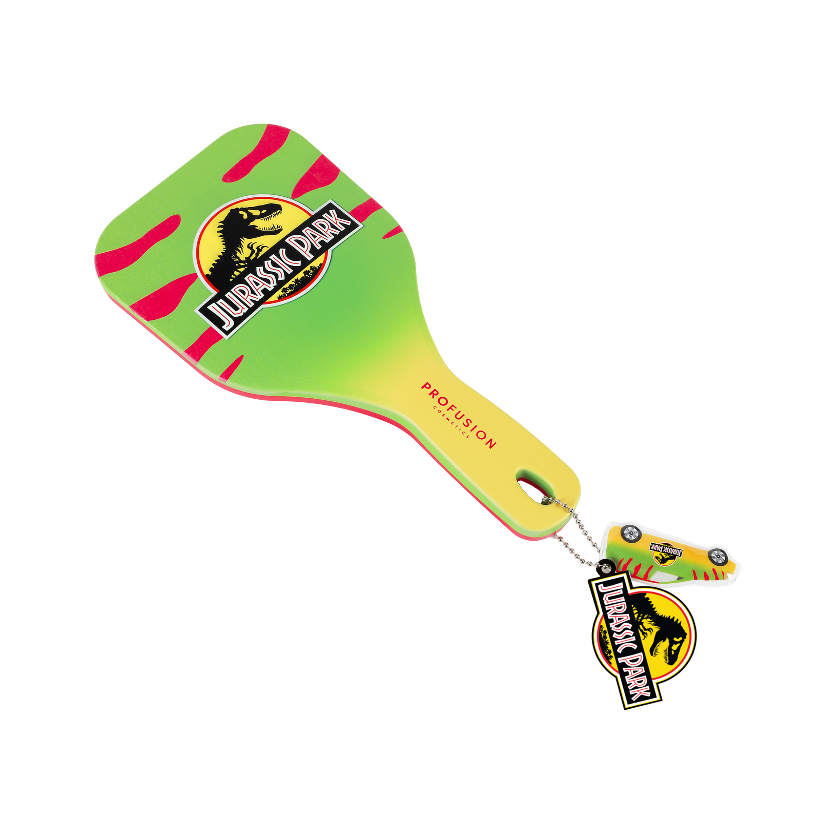 Green ombre with yellow, and jurassic logo on the back of the mirror with red stripes and two charms attacthed at the end of the mirror of a car and jurassic park logo