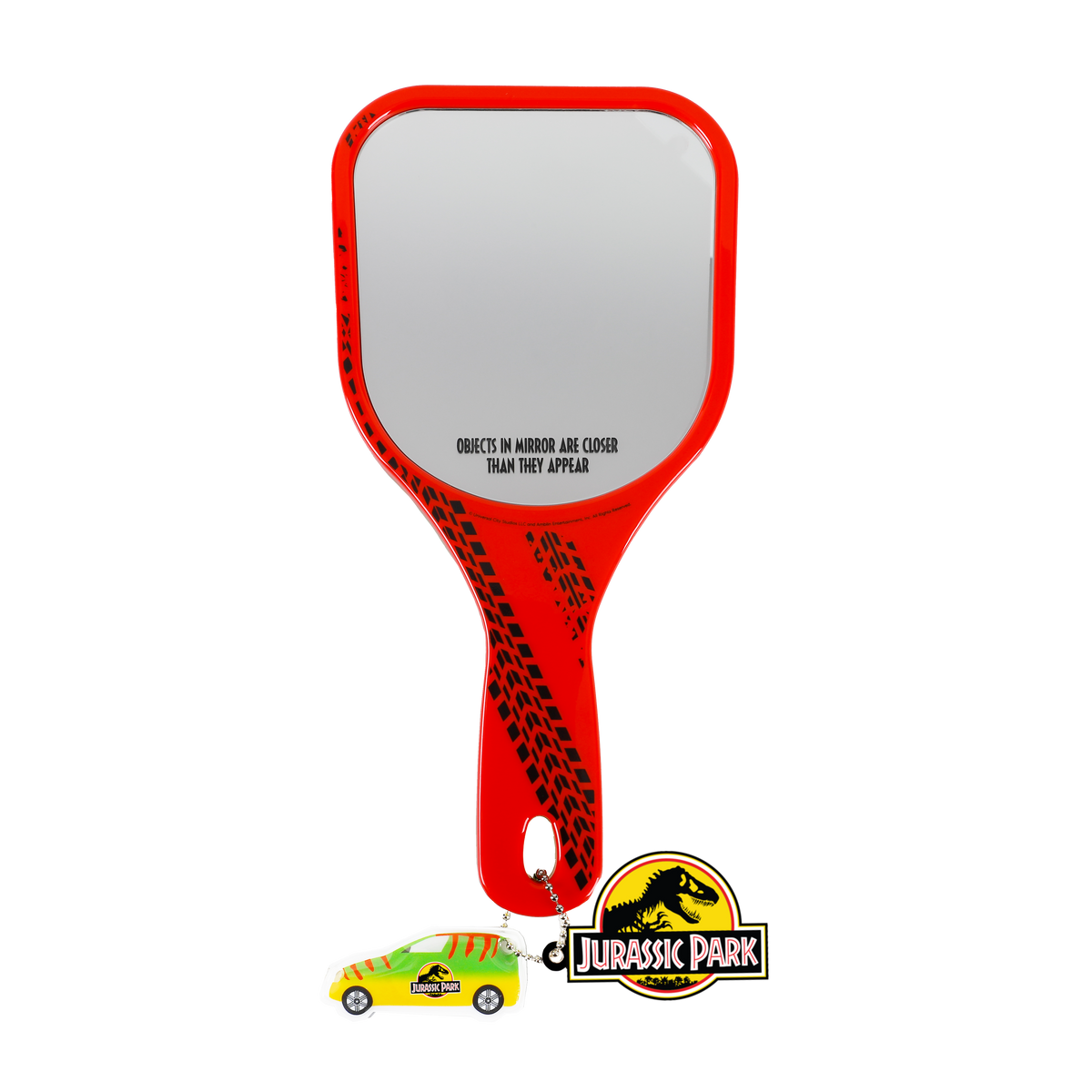 front of mirror with red border and tire tracks for design and on bottom of the mirror words that say "Objects in mirror are closer than they appear"