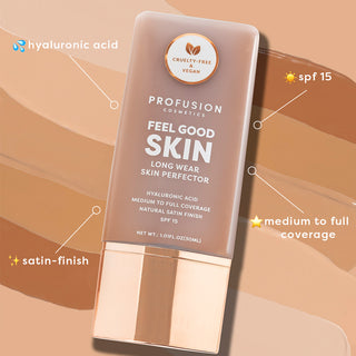 Profusion Cosmetics Feel Good Skin Long Wear Skin Perfector features hyaluronic acid, SPF 15, and offers medium to full coverage with a natural satin finish.