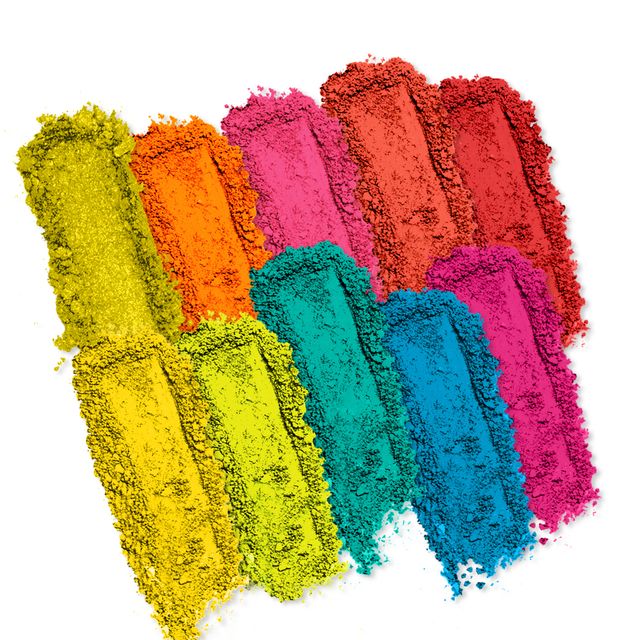 Brightly colored eyeshadow swatches from Profusion Cosmetics, featuring vibrant shades of yellow, orange, pink, red, teal, and blue.