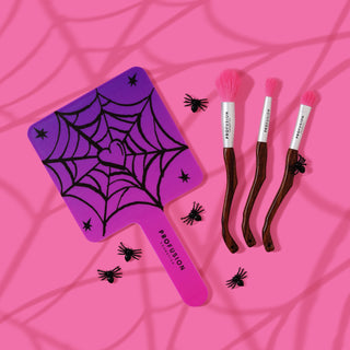 Monster Bash | Widow's Gaze Handheld Mirror lifestyle with brushes and spider look