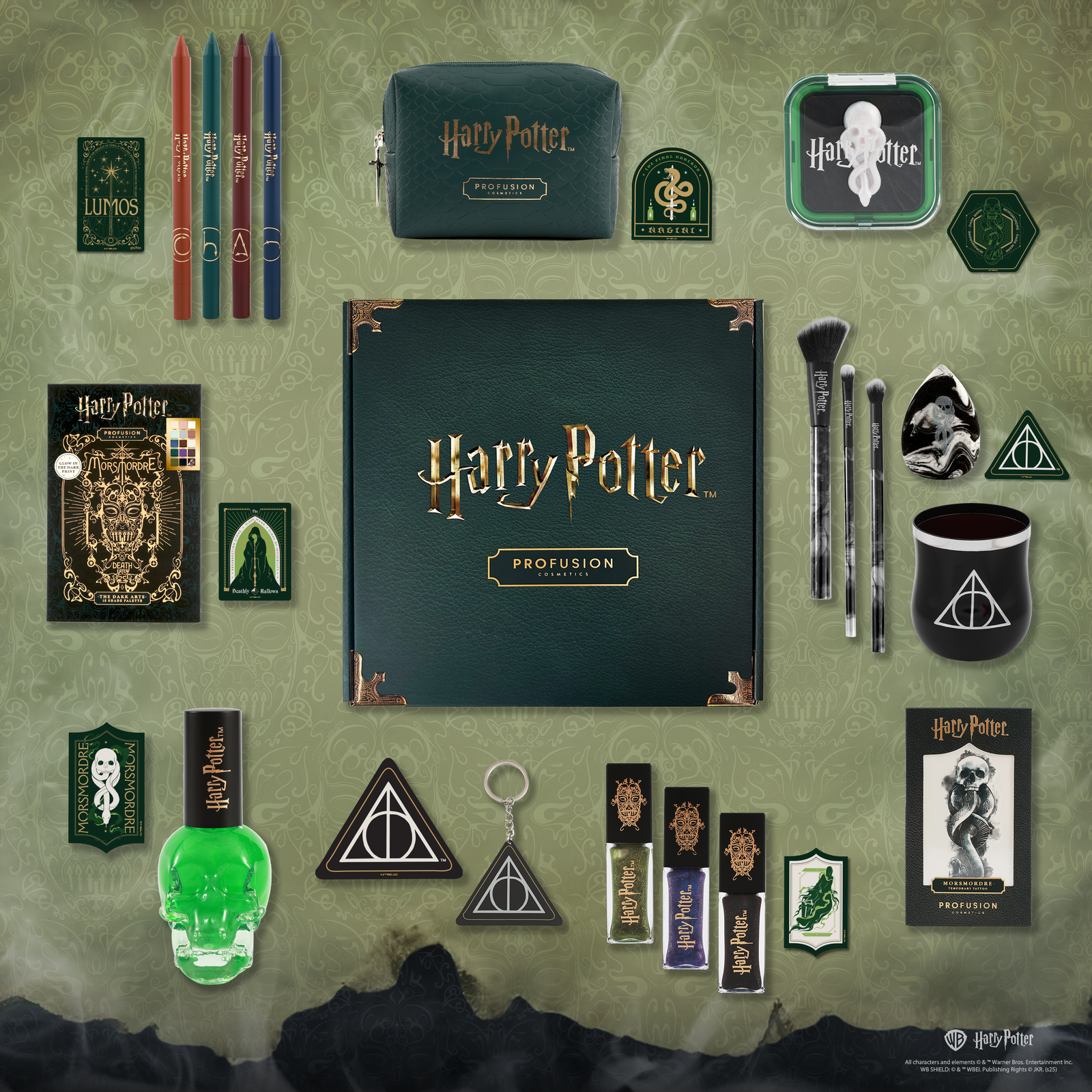 Collection of Harry Potter-themed products on a green textured background