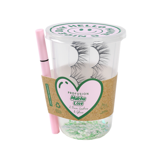Profusion Cosmetics "Matcha Love" set featuring two pairs of false eyelashes and glue, packaged in a cup with green accents and a pink applicator.