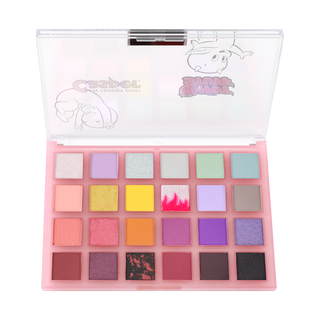 Eyeshadow palette with 25 vibrant shades, including pastels, shimmers, and bold colors, in a pink case.