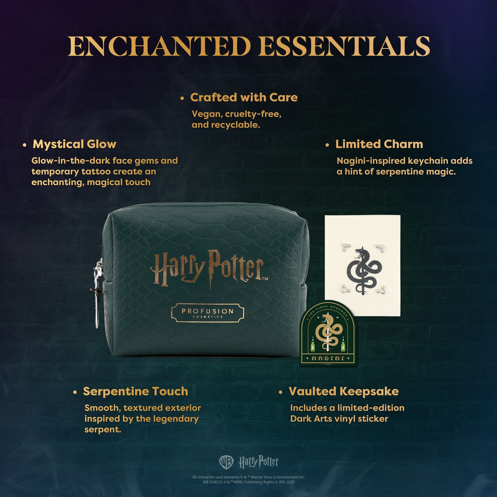 HP Dark Arts | Nagini Cosmetic Bag with Face Gems & Temporary Tattoo Info