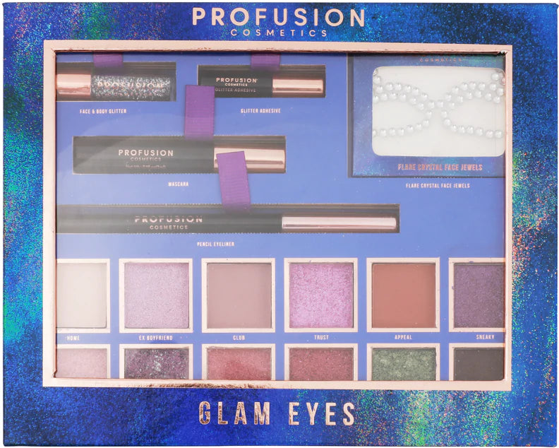 glam eyes eyeshadow palette with pearl face jewels and eyeliner