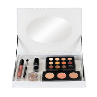 eyeshadow palette, blush, brush, lip gloss, lipstick and eye shimmer