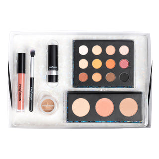 eyeshadow palette, blush, brush, lip gloss, lipstick and eye shimmer