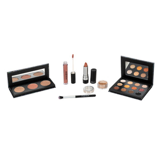eyeshadow palette, blush, brush, lip gloss, lipstick and eye shimmer