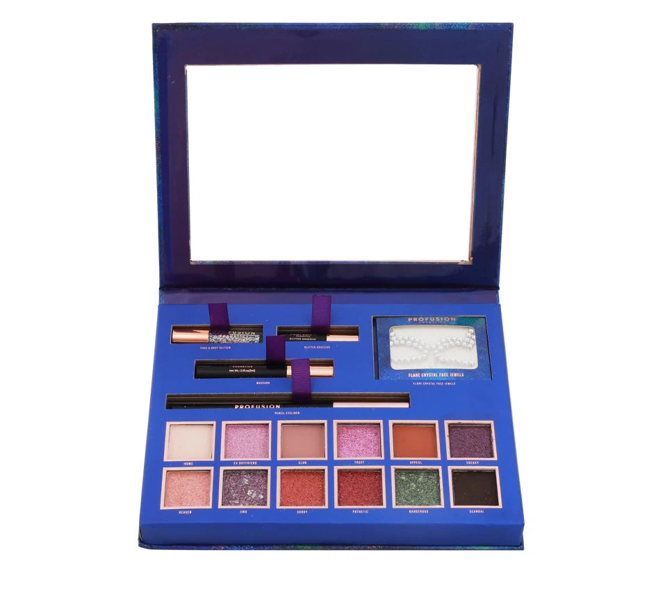 glam eyes eyeshadow palette with pearl face jewels and eyeliner