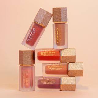 Profusion Cosmetics' "Blush Hour" collection soft matte liquid blushes in warm, vibrant shades with glittery caps.